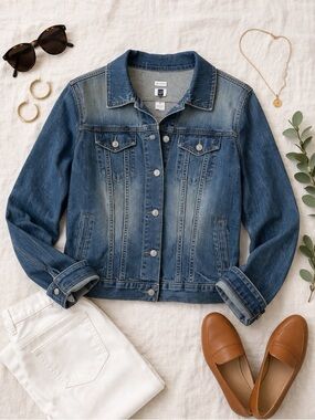 GAP Blue Denim Stretch Trucker Jacket Women’s Fitted Classic Jean Jacket-Medium